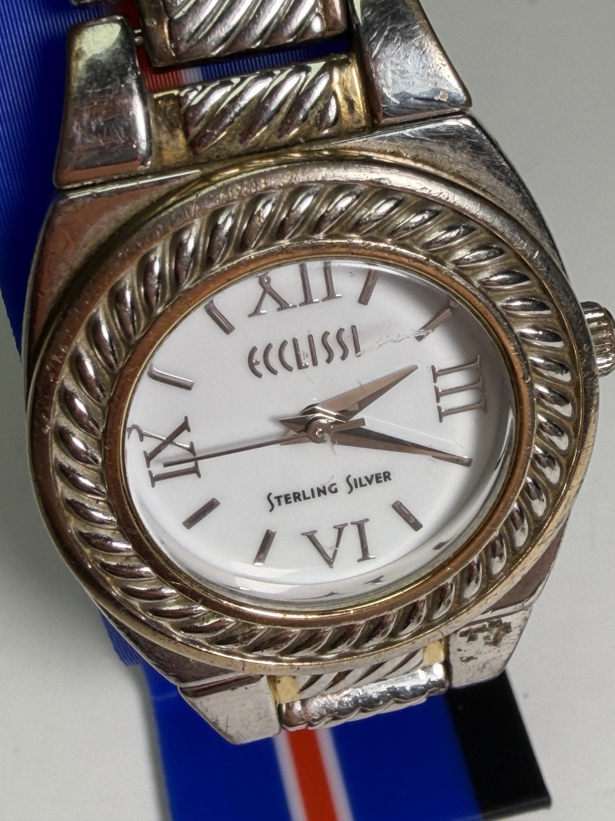 Vintage Beautiful Ecclissi Sterling Silver 33035 Roman Rope Bezel Gold Watch