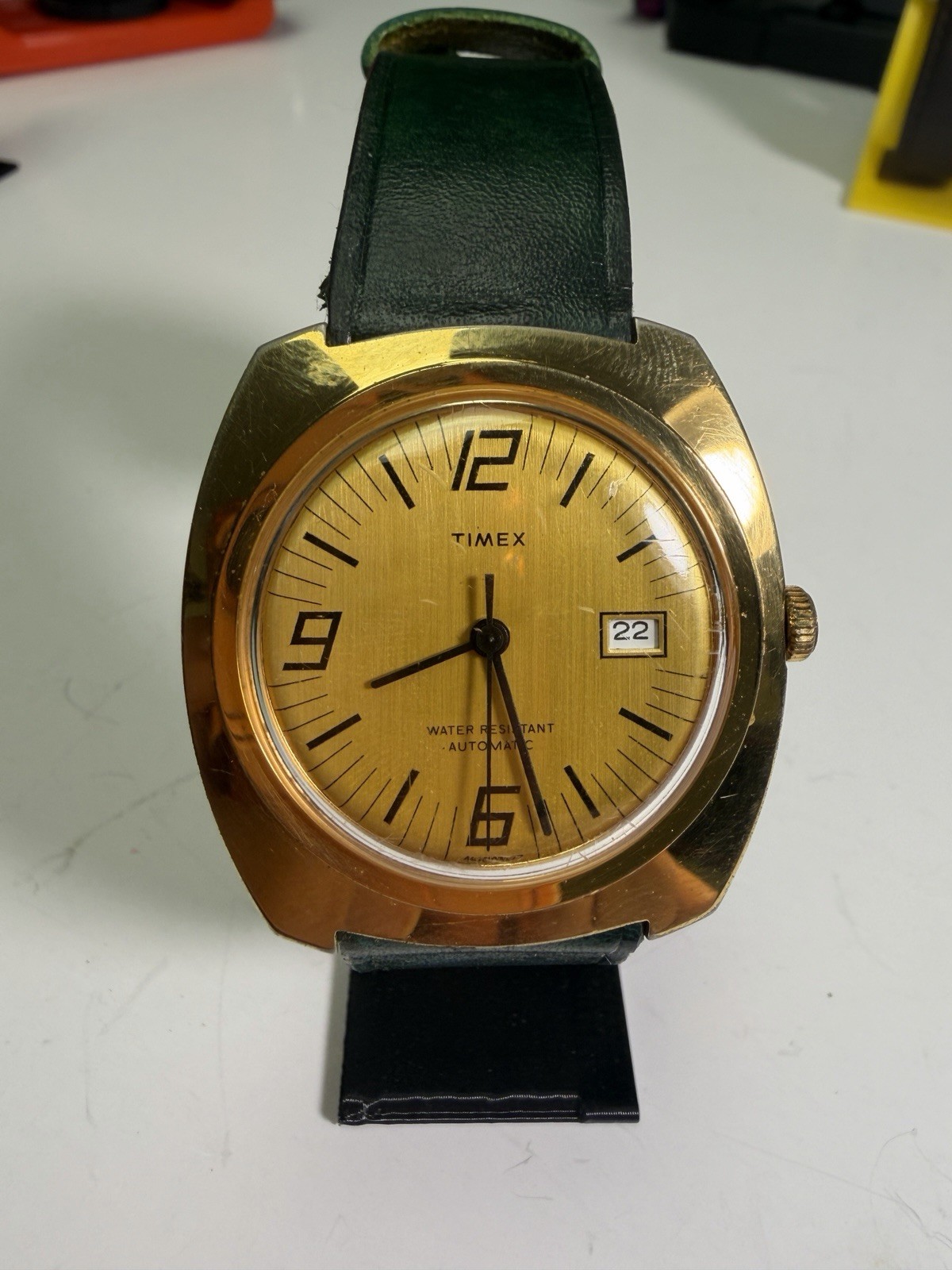 1977 Timex Viscount Calendar With Goldtone Cushion Case Green TTS ATELIER STRAP